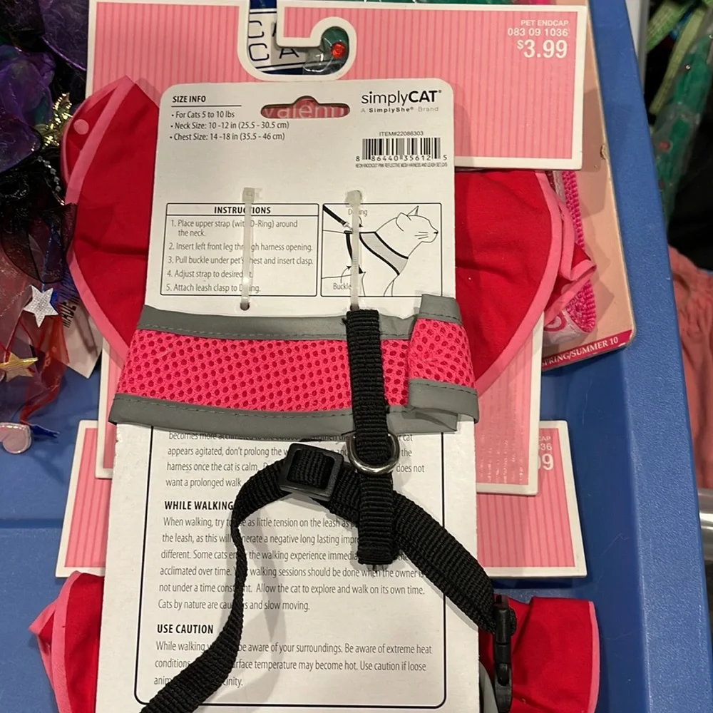Cat harness, leash, two valentines ruffs.